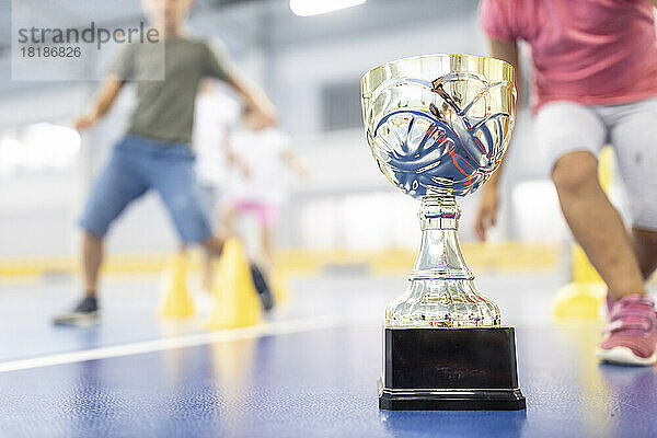 Metallischer Pokal mit Schülern im Hintergrund auf dem Schulsportplatz