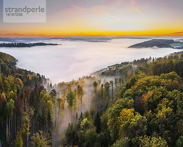 Deutschland  Baden-Württemberg  Drohnenansicht des Wieslauftals bei nebligem Herbstsonnenaufgang