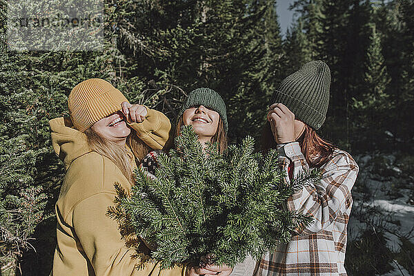 Fröhliche Freunde  die im Wald ihre Augen mit Strickmützen bedecken