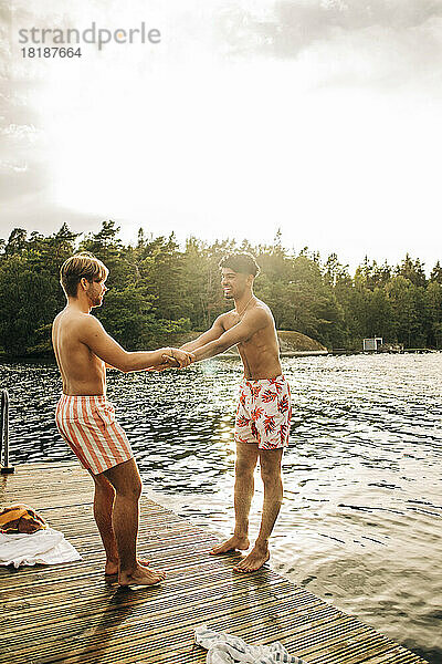 Männliche Freunde halten sich an den Händen  während sie im Urlaub auf dem Bootssteg stehen