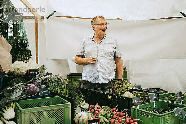 Glücklicher älterer Herr  der wegschaut  während er inmitten von Gemüsekisten auf dem Flohmarkt steht
