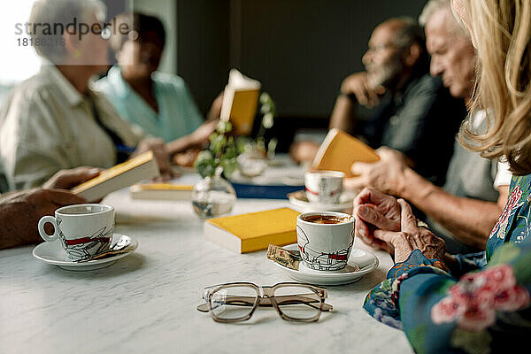 Ältere männliche und weibliche Freunde sitzen zusammen in einem Cafe