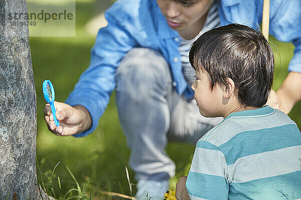 Japanische Eltern und Kinder sammeln Insekten