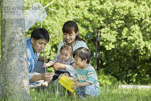 Japanische Familie sammelt Insekten