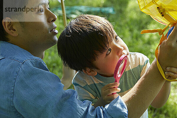 Japanische Eltern und Kinder sammeln Insekten