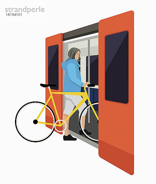 Frau nimmt ein Fahrrad mit in den Zug