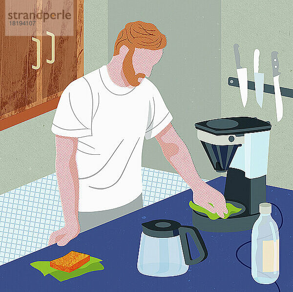 Mann reinigt Kaffeemaschine in der Küche