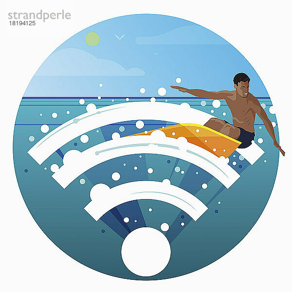 Mann surft auf Wifi-Symbol