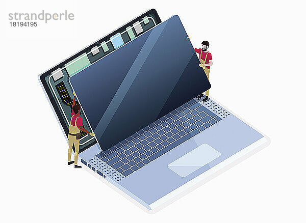 Arbeiter tauschen einen Laptop-Bildschirm aus