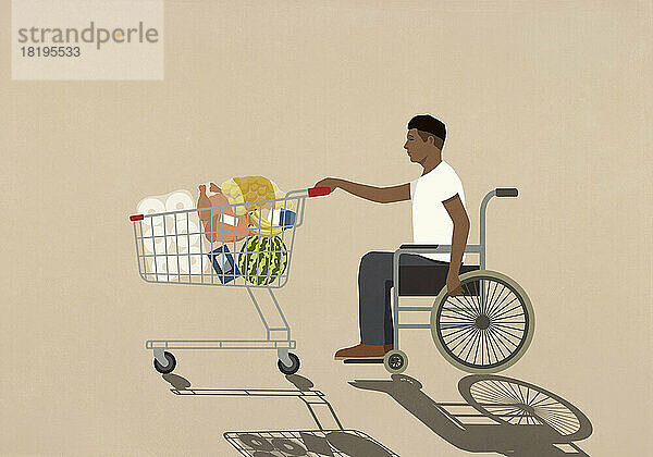 Mann im Rollstuhl beim Lebensmitteleinkauf mit Einkaufswagen