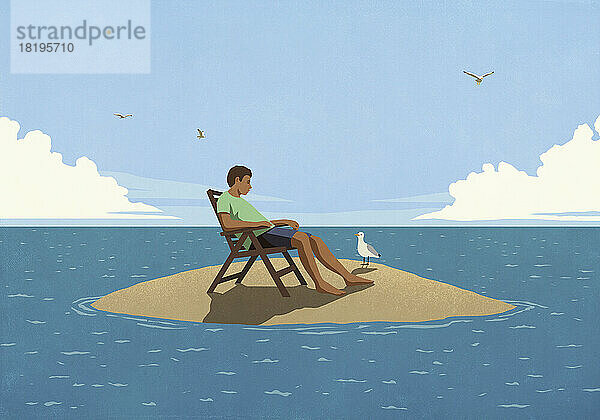 Mann entspannt sich auf einer einsamen Insel im Meer