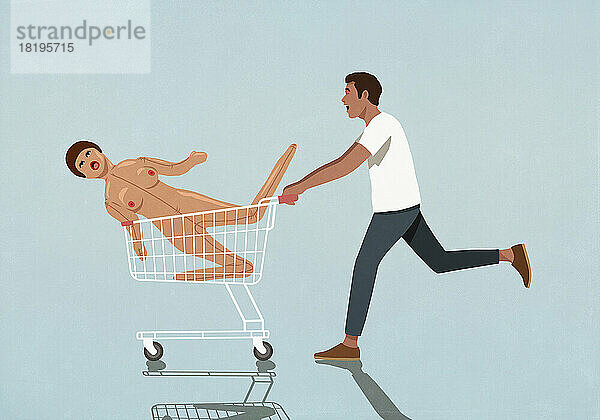 Mann rennt  schiebt aufblasbare Sexpuppe in Einkaufswagen