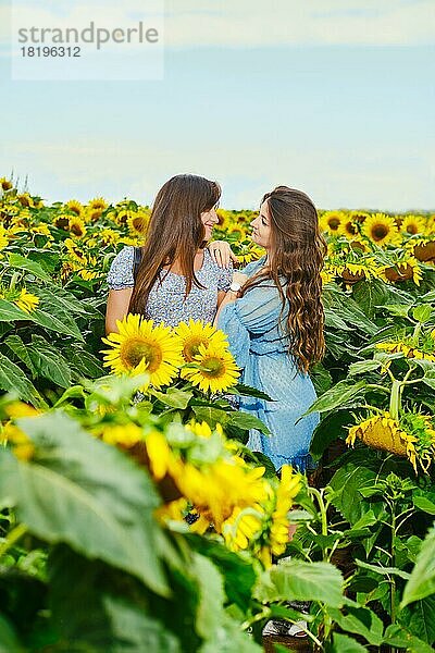 Zwei Freundinnen lehnen sich auf einem Sonnenblumenfeld aneinander