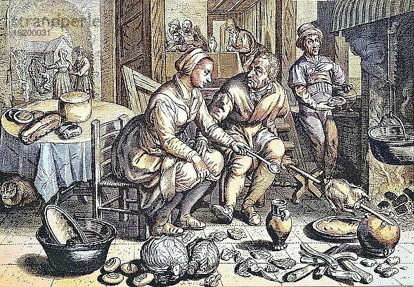 Das verliebte Paar  sie bereiten gemeinsam ein Huhn für den Mittagstisch zu  Holländischer Kupferstich von J. Matham  um 1600  digital restaurierte Reproduktion einer Originalvorlage aus dem 19. Jahrhundert  genaues Originaldatum nicht bekannt