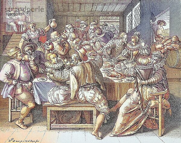 Festgelage einer großen Gesellschaft in einem Gasthaus  Kupferstich von N. de Bruyn  17. Jahrhundert  digital restaurierte Reproduktion einer Originalvorlage aus dem 19. Jahrhundert  genaues Originaldatum nicht bekannt