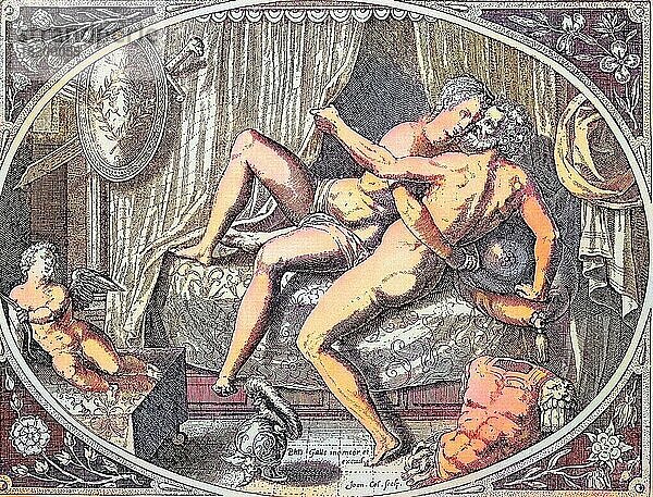 Mars und Venus beim Sex  galanter Kupferstich von Ph. Galle  digital restaurierte Reproduktion einer Originalvorlage aus dem 19. Jahrhundert  genaues Originaldatum nicht bekannt