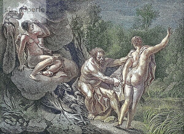 Erotische Szene im Olymp  Radierung nach Jak. Jordaens  digital restaurierte Reproduktion einer Originalvorlage aus dem 19. Jahrhundert  genaues Originaldatum nicht bekannt