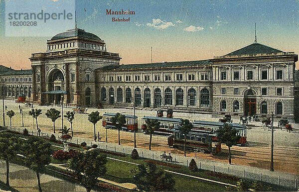 Bahnhof in Mannheim  Baden-Württemberg  Deutschland  Ansicht um ca 1910  digitale Reproduktion einer historischen Postkarte  public domain  aus der damaligen Zeit  genaues Datum unbekannt  Europa