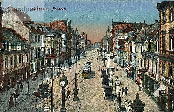 Straße Planken in Mannheim  Baden-Württemberg  Deutschland  Ansicht um ca 1910  digitale Reproduktion einer historischen Postkarte  public domain  aus der damaligen Zeit  genaues Datum unbekannt  Europa