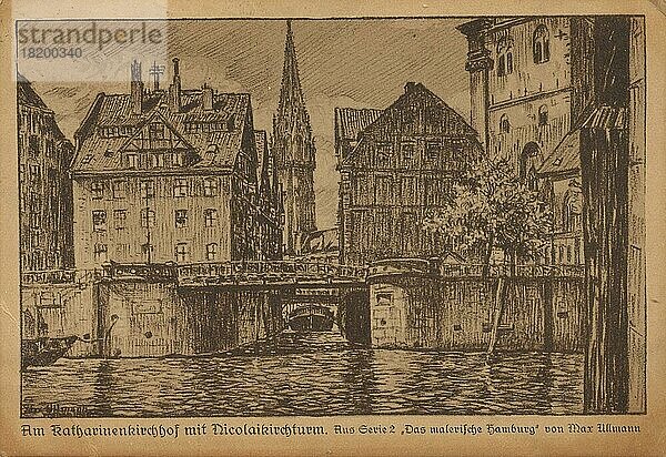 Katharinenhof und Nikolaikirche in Hamburg  Deutschland  Postkarte Text  Ansicht um ca 1910  Historisch  digitale Reproduktion einer historischen Postkarte  public domain  aus der damaligen Zeit  genaues Datum unbekannt  Europa