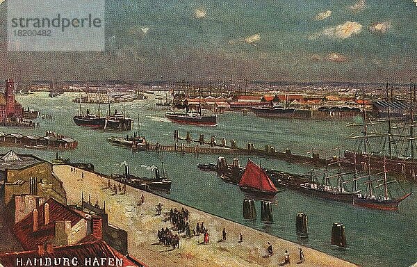 Der Hafen in Hamburg  Deutschland  Postkarte Text  Ansicht um ca 1910  Historisch  digitale Reproduktion einer historischen Postkarte  public domain  aus der damaligen Zeit  genaues Datum unbekannt  Europa