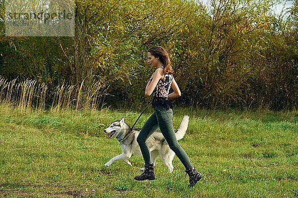 Mädchen spielt mit Husky-Hund im Stadtpark. Joggen mit Hund