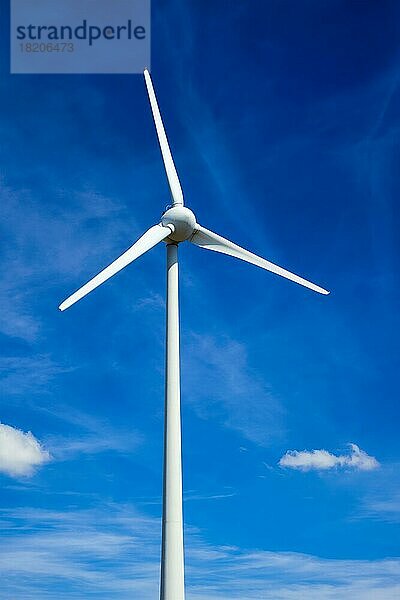 Grünes Konzept für erneuerbare alternative Energien  Windgenerator-Turbinen zur Stromerzeugung am blaün Himmel