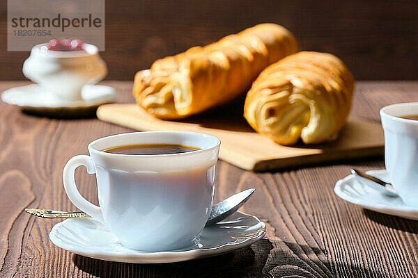 Brötchen und Kaffee auf einem Holztisch im morgendlichen Sonnenlicht. Foto mit geringer Schärfentiefe