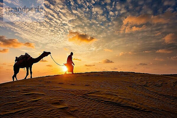 Indische Kameleer (Kameltreiber) Beduine mit Kamel Silhouetten in Sanddünen der Wüste Thar bei Sonnenuntergang. Karawane in Rajasthan Reise Tourismus Hintergrund Safari Abenteuer. Jaisalmer  Rajasthan  Indien  Asien