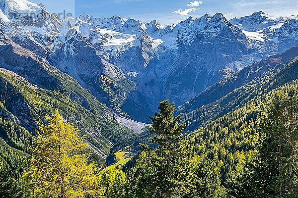 Panorama des Tales mit Trafoier Eiswand 3565m im Frühherbst  Trafoi  Trafoital  Ortler-Alpen  Provinz Bozen  Südtirol  Trentino-Südtirol  Norditalien  Italien  Europa