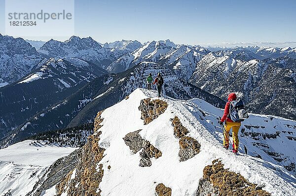 Bergsteiger im Winter im Schnee  Am Schafreuter  Karwendelgebirge  Alpen bei gutem Wetter  Bayern  Deutschland  Europa