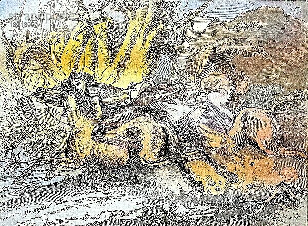 Ichabod Bennet Crane verfolgt von einem maskierten Ritter  Historisch  digital restaurierte Reproduktion einer Originalvorlage aus dem 19. Jahrhundert