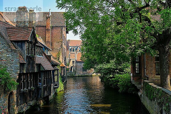 Kanal zwischen alten Häusern der berühmten flämischen mittelalterlichen Stadt Brügge. Brügge  Belgien  Europa