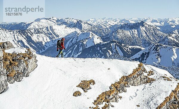 Bergsteiger im Winter im Schnee  Am Schafreuter  Karwendelgebirge  Alpen bei gutem Wetter  Bayern  Deutschland  Europa