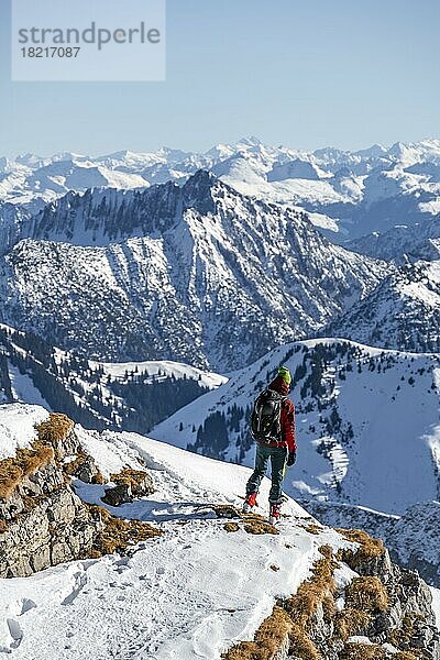 Bergsteiger im Winter im Schnee  Am Schafreuter  Karwendelgebirge  Alpen bei gutem Wetter  Bayern  Deutschland  Europa