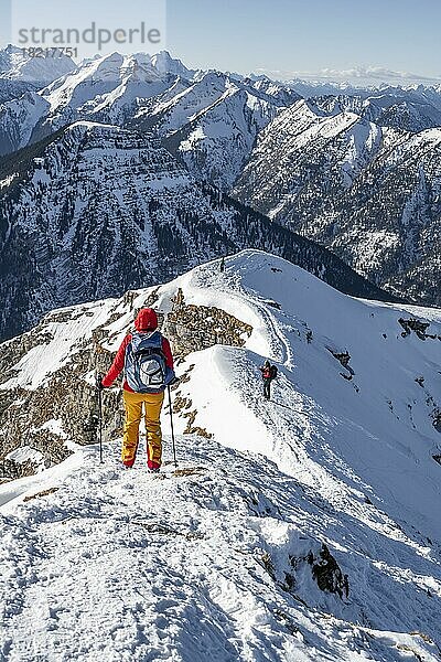 Bergsteiger im Winter im Schnee  Am Schafreuter  Karwendelgebirge  Alpen bei gutem Wetter  Bayern  Deutschland  Europa