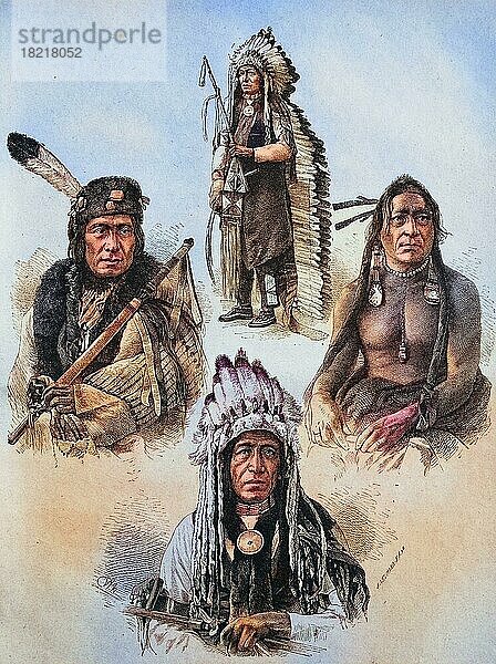 Verschiedene Indianer aus Nordamerika  Stämme  Historisch  digital restaurierte Reproduktion einer Vorlage aus dem 19. Jahrhundert