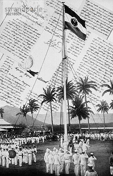 Der kaiserliche Schutzbrief für Neuguines 1885 und die deutsche Flaggenhißung auf Samoa 1900  Historisch  digital restaurierte Reproduktion einer Originalvorlage aus dem frühen 20. Jahrhundert  genaues Originaldatum nicht bekannt