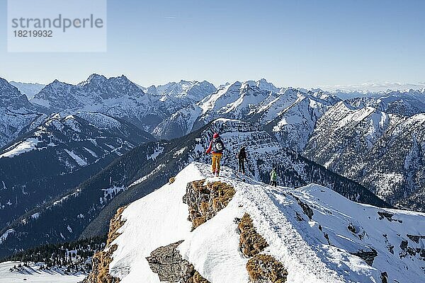 Bergsteiger im Winter im Schnee  Am Schafreuter  Karwendelgebirge  Alpen bei gutem Wetter  Bayern  Deutschland  Europa