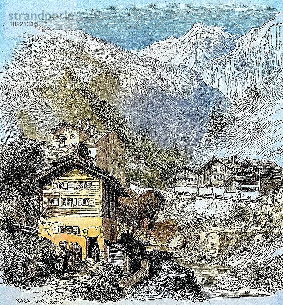 Splügen  eine politische Gemeinde der Region Viamala im Schweizer Kanton Graubünden  um 1882  Schweiz  Historisch  digital restaurierte Reproduktion einer Vorlage aus dem 19. Jahrhundert  genaues Datum unbekannt  Europa