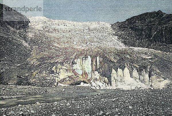 The Rhone Glacier  Rhonegletscher  Rottengletscher  a glacier in the Swiss Alps and the source of the river Rhône  Der Rhone-Gletscher  ein Gletscher in den Schweizer Alpen und die Quelle der Rhone  Historisch  digital restaurierte Reproduktion einer Originalvorlage aus dem 19. Jahrhundert