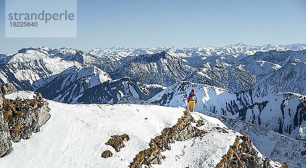 Bergsteiger im Winter im Schnee  Am Schafreuter  Karwendelgebirge  Alpen bei gutem Wetter  Bayern  Deutschland  Europa