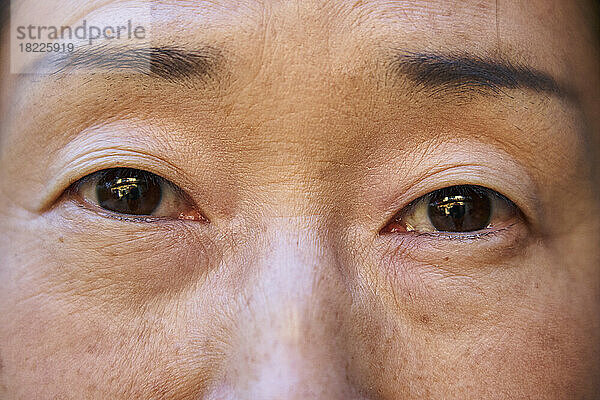Nahaufnahme der Augen einer älteren asiatischen Frau  die in die Kamera schaut