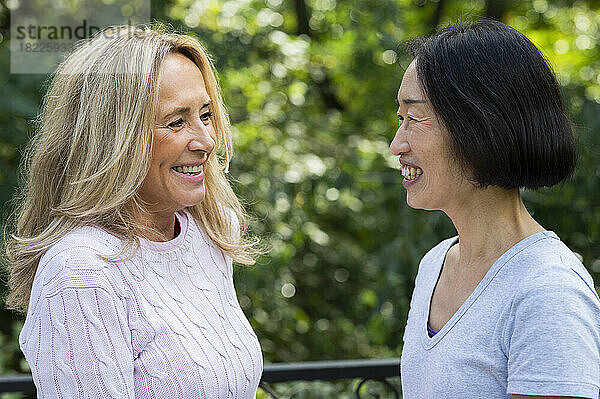 Seitenansicht einer älteren asiatisch-amerikanischen Frau und ihrer Freundin  die einander anlächeln  während sie draußen stehen