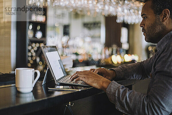 Seitenansicht eines männlichen Unternehmers  der einen Laptop am Tresen eines Restaurants benutzt