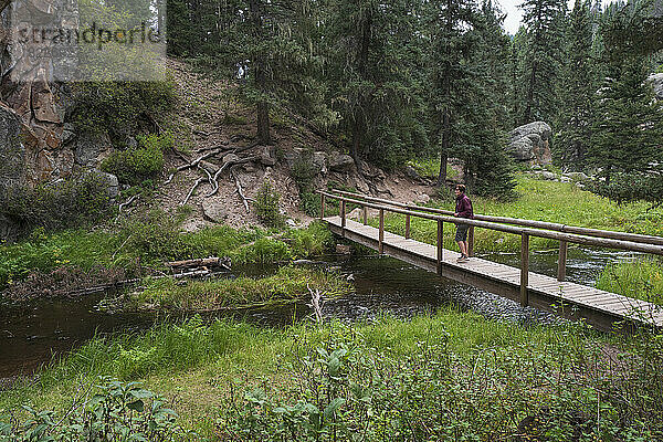 USA  New Mexico  Jemez Mountains  Frau geht auf einer Holzbrücke über einen Bach