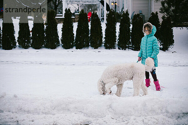 Mädchen im Wintermantel geht mit goldenem Doodle-Hund durch frischen Schneefall
