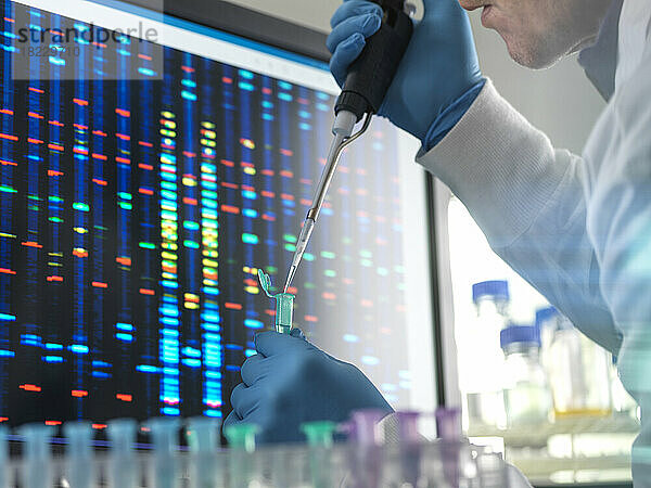 Wissenschaftler pipettiert eine DNA-Probe in ein Fläschchen  das zum Testen bereit ist