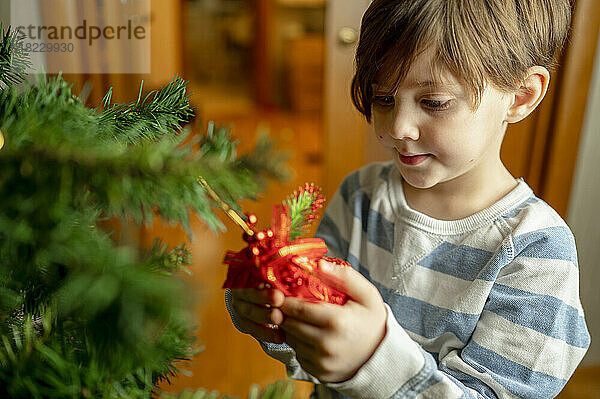 Junge schaut auf die Glocke  die am Weihnachtsbaum hängt