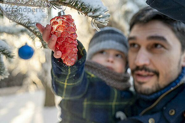 Mann mit Sohn hängt Tannenzapfen am Zweig eines schneebedeckten Weihnachtsbaums